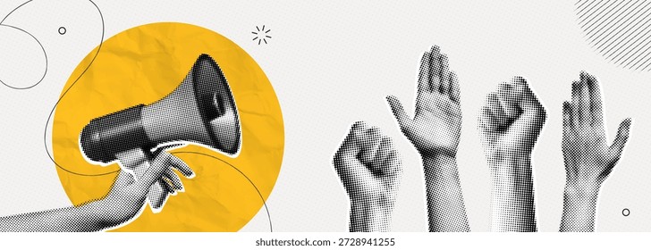 Manifestação de protesto da colagem de meio-tom da moda com as mãos levantadas. Líder com megafone. Lute pelos seus direitos. Voz da comunidade. Notícias e propaganda. Arte de ilustração vetorial contemporânea