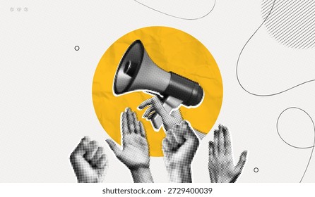 Manifestação de protesto da colagem de meio-tom da moda com as mãos levantadas. Líder com megafone. Lute pelos seus direitos. Voz da comunidade. Notícias e propaganda. Arte de ilustração vetorial contemporânea