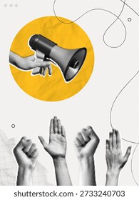 Manifestación de protesta de collage de semitono de moda con las manos levantadas. Líder con megáfono. Lucha por tus derechos. Voz de la comunidad. Noticias y propaganda. Arte de Ilustración vectorial contemporáneo