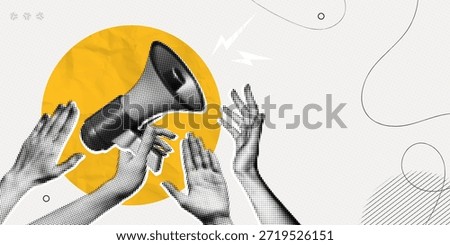 Trendy Halftone Collage Protest demonstration with raised hands. Leader with megaphone. Fight for your rights. Voice of community. News and propaganda. Contemporary vector illustration art