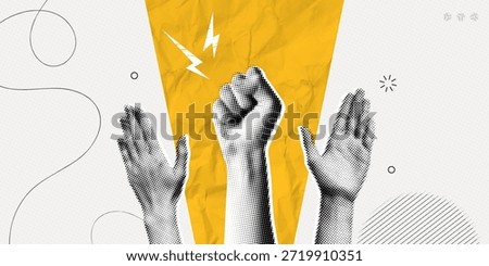Trendy Halftone Collage Protest demonstration with raised hands. Leader with fist raised up. Fight for your rights. Voice of community. Women's solidarity. Contemporary vector illustration art