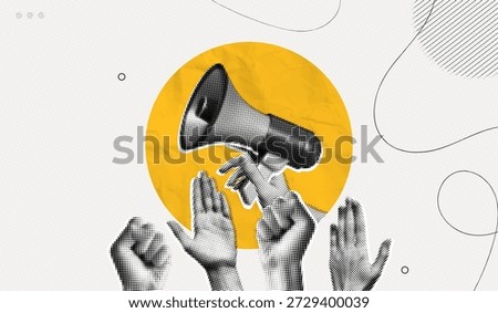 Trendy Halftone Collage Protest demonstration with raised hands. Leader with megaphone. Fight for your rights. Voice of community. News and propaganda. Contemporary vector illustration art