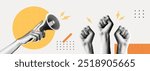 Trendy Halftone Collage Raised Fist up and hand with megaphone. Demonstration of protest. Fight for your rights. Power sign. Success and strength. Magazine style. Contemporary vector art illustration