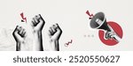 Trendy Halftone Collage Raised Fist up and hand with megaphone. Demonstration of protest. Fight for your rights. Power sign. Success and strength. Magazine style. Contemporary vector art illustration