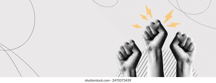 Trendy Halftone Collage Raised Fist up. Demonstration of protest. Fight for your rights. Girl power. Success and strength. Feminism concept. Magazine style. Contemporary vector art illustration