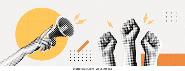 Trendy Halftone Collage Raised Fist up and hand with megaphone. Demonstration of protest. Fight for your rights. Power sign. Success and strength. Magazine style. Contemporary vector art illustration