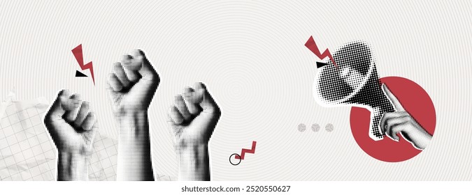 Trendy Halftone Collage Raised Fist up and hand with megaphone. Demonstration of protest. Fight for your rights. Power sign. Success and strength. Magazine style. Contemporary vector art illustration