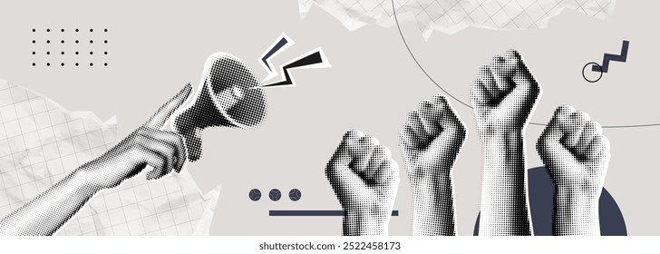 Trendy Halftone Collage Raised Fist up and hand with megaphone. Demonstration of protest. Fight for your rights. Power sign. Success and strength. Magazine style. Contemporary vector art illustration