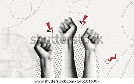 Trendy Halftone Collage Raised Fist up. Demonstration of protest. Fight for your rights. Girl power. Success and strength. Feminism concept. Magazine style. Contemporary vector art illustration