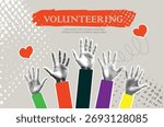 Trendy Halftone Collage with raised hands. Volunteering concept. Paper design elements	
