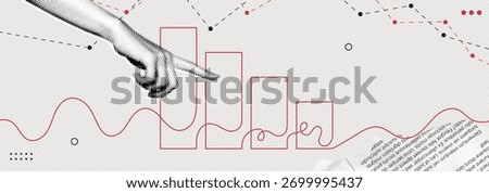 Trendy Halftone Collage Red Downtrend Graph. Hand and business decline chart. Continuous one line drawing of graph decrease. Crisis and despair. Investment losses. Contemporary vector illustration art