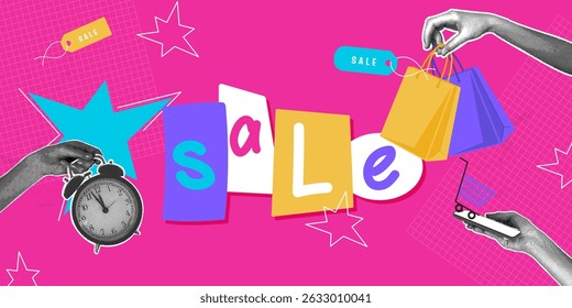 Trendy halftone collage. Sale time. Sale promotion with clock and shopping elements in bright trendy colors with hand collage. Banner concept for online shopping, sale banner.