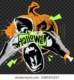 Trendy halftone collage with scary pumpkin, zombie hands holding phone, screaming mouth with graffiti words Happy Halloween. Holiday concept with paper layered elements. Vector illustration.