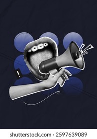 Trendy Halftone Collage Screaming mouth and megaphone. Social media news and propaganda. Banner with loudspeaker and female lips for sale and marketing. Contemporary art vector illustration