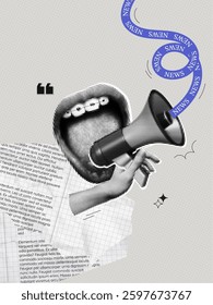 Trendy Halftone Collage Screaming mouth and megaphone. Social media news and propaganda. Banner with loudspeaker and female lips for sale and marketing. Contemporary art vector illustration