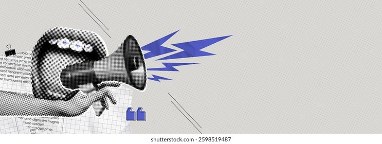 Trendy Halftone Collage screaming mouth and megaphone. Advertising banner with loudspeaker for sale, promotion and marketing. News announcement with empty space. Contemporary vector illustration art