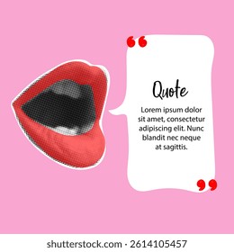 Trendy halftone collage with screaming mouth and speech bubble. Woman lips in retro style. Creative collage in Y2K style for social media, card, print on clothes