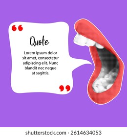 Trendy halftone collage with screaming mouth and speech bubble. Woman lips in retro style. Creative collage in Y2K style for social media, card, print on clothes