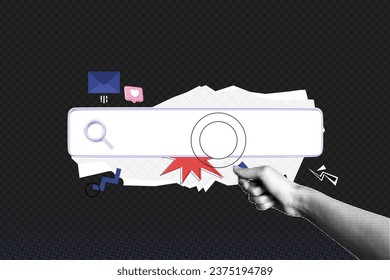 Trendy Halftone Collage Search bar and Hand with Magnifying glass. Modern composition with seo and marketing concept. Hr looking for employees online. Vector retro  illustration in pop art style