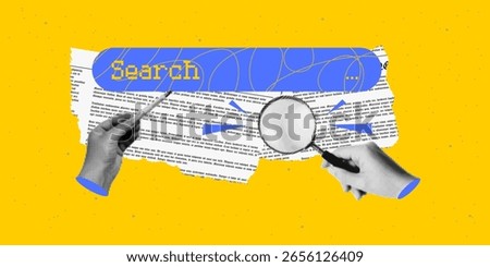 Trendy halftone collage search concept and cut out hands pointing on it. Modern retro vector illustration for mixed media design.