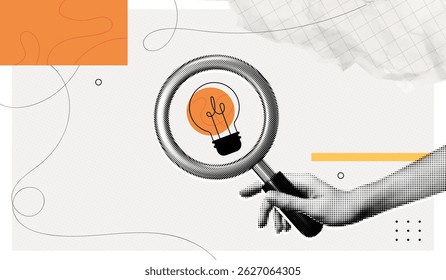 Trendy Halftone Collage Search idea. Hand holding magnifying glass with lightbulb. Creative vision and thinking. Business insights and solutions. Find target. Contemporary vector illustration art