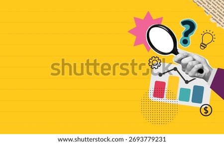 Trendy Halftone Collage Search idea. Hand holding magnifying glass, business concept.