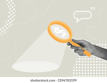 Trendy halftone collage. Searching for financial opportunities. Stock market research concept , hidden costs concept, search for investment opportunities. Vector illustration