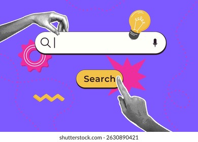 Trendy halftone collage. Searching for ideas. Conceptual illustration of search and innovation. Search concept, innovation project startup, problem solving concept.