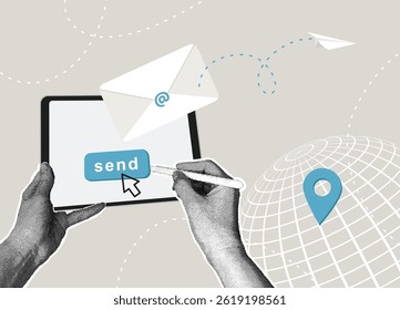 Trendy halftone collage. Sending e-mail. Digital communication concept. Communication concept by email, phone or office location, customer communication, business information.