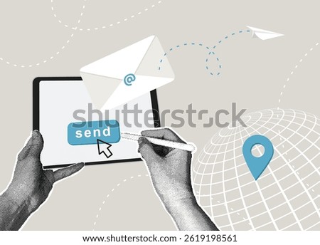 Trendy halftone collage. Sending e-mail. Digital communication concept. Communication concept by email, phone or office location, customer communication, business information.