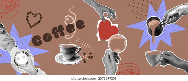 Trendy halftone collage. Set of halftone effect hands holding a cup with hot coffee on abstract background. Background color mocha mousse