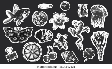 Trendy halftone collage set featuring cutout black-and-white illustrations of animals, flowers, and surreal elements.