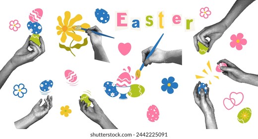 Trendy halftone collage. Set of hands with dyed eggs for Easter holiday. Easter greeting. Social media communication, invitation template, greetings. Vector illustration