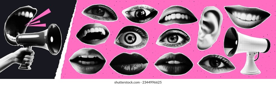 Trendy halftone collage set. Mouth, lips, eyes, loudspeaker. Contemporary grunge style. Retro vector illustration.