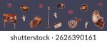 Trendy Halftone collage set music instrument: vinyl player, microphone, gramophone, accordion and etc. Isolated vector illustration colorful retro sticker. Vintage aesthetic, 90s vibe, nostalgic