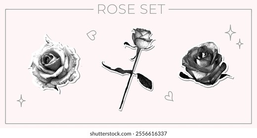 Trendy halftone collage. Set of paper cut out halftone roses for valentines day and march 8. Fashionable retro collage from the 80s. Vector illustration