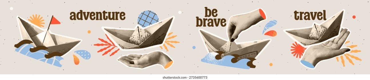 Trendy halftone collage. Set of paper boats with dotted effect texture floating on waves. Ready for adventure and challenges. Vector illustration collection isolated on background