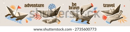 Trendy halftone collage. Set of paper boats with dotted effect texture floating on waves. Ready for adventure and challenges. Vector illustration collection isolated on background