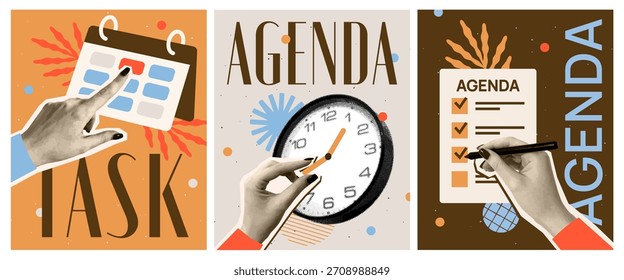 Trendy halftone collage. Set of posters with realistic hands pointing to calendar, making to do list, and moving clock. Planning schedules and agendas. Flat vector illustration isolated on background