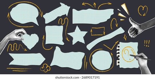 Un collage semitono de moda. Un conjunto de pedazos de papel rotos con una textura de rejilla azul vintage. Elementos de doodle creativos. Elementos de collage de moda con flechas dibujadas a mano.