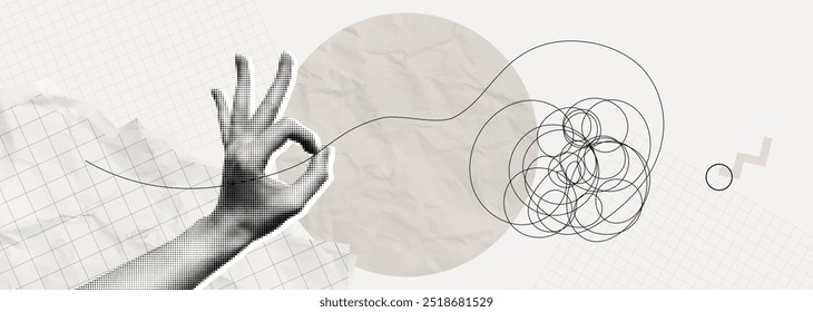 Trendy Halftone Collage Simplify complex process. Hand untangle messy line. Tangle chaos. Easy solution. Mental problem. Brain imagination. Contemporary vector illustration art