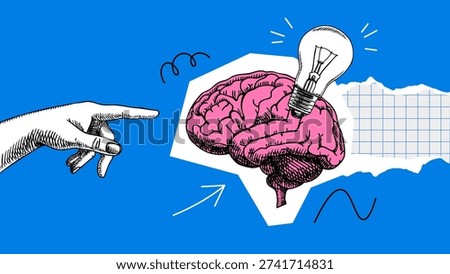 Trendy halftone collage of sketch hand with bulb and brain. Idea concept. Startup, creativity, education, e-learning, innovation, coworking design. Hand drawn retro vector illustration.
