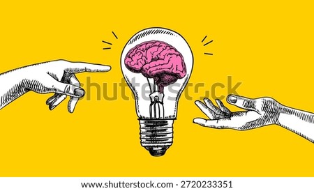 Trendy halftone collage of sketch hands with glowing bulb and brain. Idea concept. Startup, creativity, education, e-learning, innovation, coworking design. Hand drawn retro vector illustration.