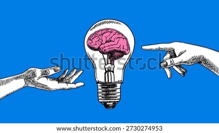 Trendy halftone collage of sketch hands with glowing bulb and brain. Idea concept. Startup, creativity, education, e-learning, innovation, coworking design. Hand drawn retro vector illustration.