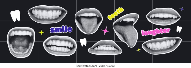 Trendy Halftone Collage of Smiling Mouths with Teeth and Text