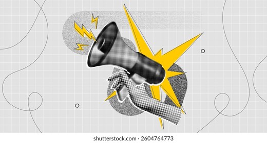 Trendy Halftone Collage Social media news. Hand holding Megaphone with announce information. Propaganda and fake news. Sale and marketing promotions. Contemporary vector illustration art