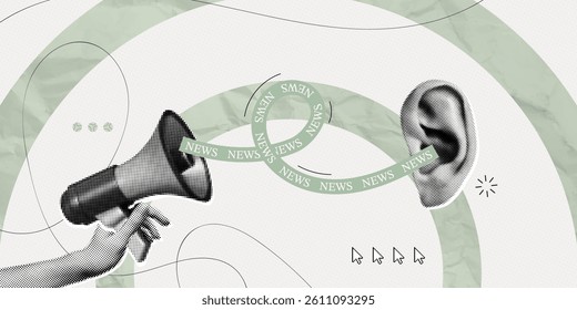 Trendy Halftone Collage Social media news. Hand holding Megaphone and listening ear. Propaganda and fake news. False information spreading. Pop art composition. Contemporary vector illustration art