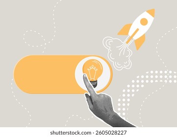 Trendy halftone collage.New solution concept, enable new idea, launch new ideas, takeoff concept, enable knowledge. Include idea for quick launch.