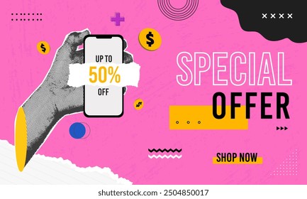 Anuncio de Web de venta especial de collage de semitono de moda