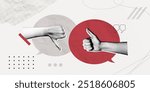 Trendy Halftone Collage Speech bubble messages and two hands with like and dislike gestures. Social media communication and discussion. Online feedback. Contemporary vector illustration art